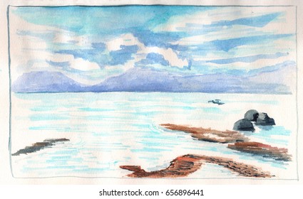 Sea view with distant island during low tide. Seaside of tropical island hand-drawn illustration. Watercolor seascape. Summer travel sketch of sea and beach. Blue sky and blue sea water painting