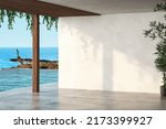 Sea view empty large living room of luxury summer beach house with swimming pool near terrace. Big white wall background in vacation home or holiday villa. 3D Rendering
