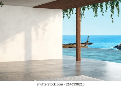 Sea View Empty Large Living Room Of Luxury Summer Beach House With Swimming Pool Near Terrace. Big White Wall Background In Vacation Home Or Holiday Villa. 3D Rendering
