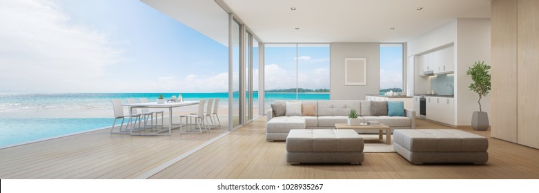 Sea View Kitchen, Dining And Living Room Of Luxury Beach House With Terrace Near Swimming Pool In Modern Design. Vacation Home Or Holiday Villa For Big Family. Interior 3d Illustration