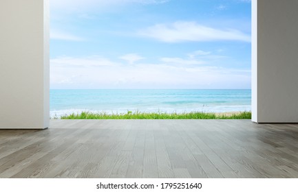 Sea view large living room of luxury summer beach house with empty wooden floor. Interior 3d illustration in vacation home or holiday villa.