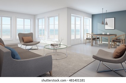 Sea View Living And Dining Room In Modern Beach House - 3D Rendering