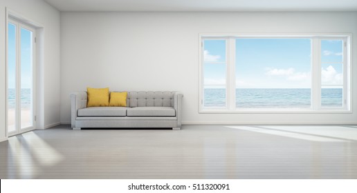 Sea View Living Room, Beach House With White Vintage Interior - 3D Rendering