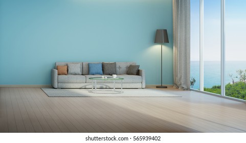 Sea view living room with blue wall in beach house -3D rendering
