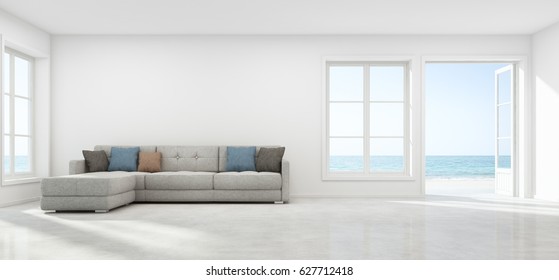 Sea view living room with empty wall in modern beach house, Luxury white interior of summer home - 3D rendering