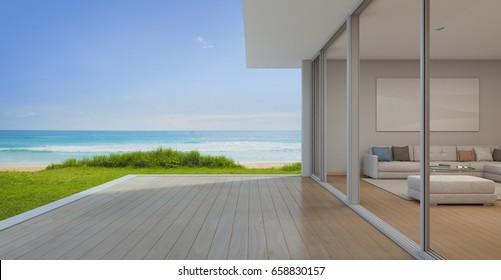 Sea View Living Room With Empty Terrace In Modern Luxury Beach House, Vacation Home For Big Family - 3d Rendering Of Residential Building