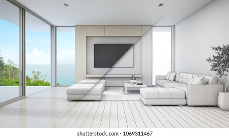 Sea View Living Room Of Luxury Beach House With Glass Door And Wooden Terrace. Large White Sofa Near TV In Vacation Home Or Holiday Villa For Big Family. Hotel Interior 3d Illustration Sketching.