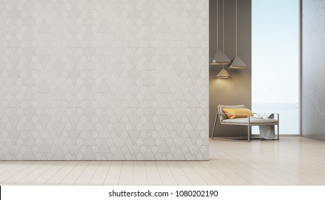 Sea View Living Room Of Luxury Beach House With Armchair Near Window On Wooden Floor. Empty White Triangle Pattern Wall Background In Vacation Home Or Holiday Villa. Hotel Interior 3d Illustration.