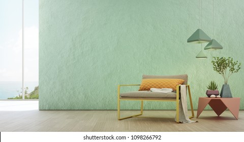Sea view living room of luxury summer beach house with glass window and wooden floor. Empty rough turquoise concrete wall background in vacation home or holiday villa. Hotel interior 3d illustration.