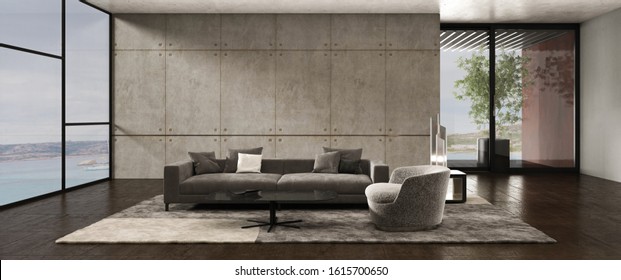 Sea View Living Room Of Modern Luxury Beach House Or Hotel With Concrete Walls And Wooden Floor, Coffee Table And Sofa - 3D Rendered Illustration