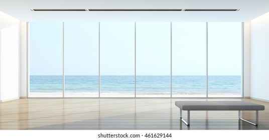 Sea View Living Room In Modern House - 3D Rendering