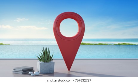 Sea View Swimming Pool Of Luxury Beach House In Travel And Relaxation Concept, Location Pin Icon Near Plant On Wooden Floor Terrace At Vacation Home Or Hotel, Tourist Resort 3d Illustration