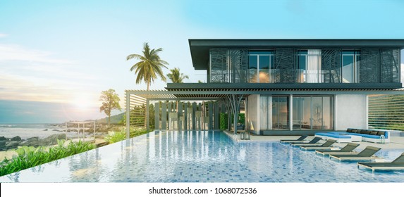 Sea View Swimming Pool In Modern Loft Design,Luxury Ocean Beach House, 3d Rendering