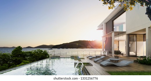 Sea View Swimming Pool In Modern Loft Design,Luxury Ocean Beach House,sunset, 3d Rendering