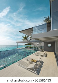 Sea View Swimming Pool In Modern Loft Design,Luxury Ocean Beach House, 3d Rendering