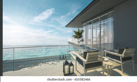 Sea View Swimming Pool In Modern Loft Design,Luxury Ocean Beach House, 3d Rendering