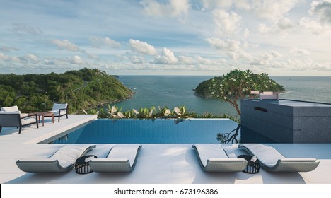 Sea view swimming pool in modern loft design,Luxury ocean Beach house, 3d rendering