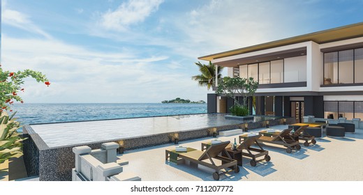 Sea View Swimming Pool In Modern Loft Design,Luxury Ocean Beach House, 3d Rendering