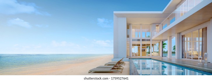 Sea view.Luxury modern beach house with swimming pool and sunbed  for vacation home or hotel.3d rendering