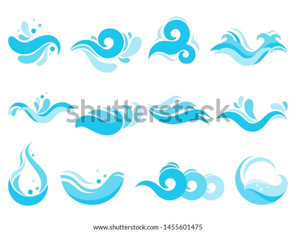 海水はしぶき スパプールの波 海面の波 水は渦を巻く 川の流れる波 波打つ波 波打つ波 または風波の渦の潮のロゴ 分離型アイコンイラストセット のイラスト素材