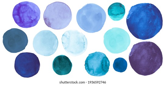 Sea Watercolor Circle. Isolated Hand Paint Spots on Paper. Light Ink Dots Elements. Acrylic Watercolor Circle. Blue Graphic Splash Set. Indigo Shapes. Fresh Watercolor Circle.