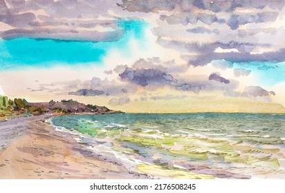 Sea Watercolor Painting Of A Sandy Beach On The Left And Light Clouds. The Artwork Created On The Open Air In Koblevo, Near Odessa. Ukrainian Landscape.