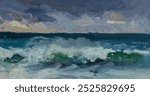 Sea wave oil painting. The original painting. Seascape in a storm. The concept of bad weather high waves. An artistic postcard,a layout for the design. Raging waves crash against the rocks. modern art