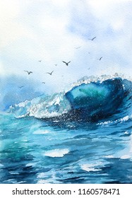 Sea Wave Seagull Watercolor