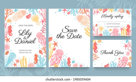 Sea Wedding Cards. Invitation To Summer Beach Marriage Party Decorated With Ocean Seashell, Seaweed And Coral. Wedding Save Date  Set. Kindly Reply, Accept Or Decline Card Design