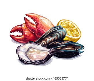 Seafood composition  Watercolor seafood  Mussels  oysters  crab claws  lemon  Watercolor illustration isolated white background  Food illustration  