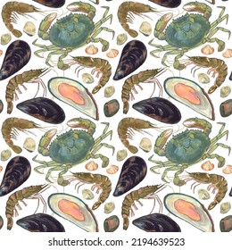 Seafood Crab, Mussels, Carpet Clams, King Prawns Isolated On White Background. Marine Seafood. Seamless Pattern. Hand Drawn Watercolor Drawing Illustration. For Wrapping, Wallpaper, Fabric Texture.