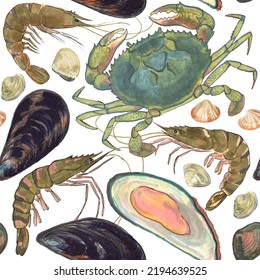 Seafood Crab, Mussels, Carpet Clams, King Prawns Isolated On White Background. Marine Seafood. Seamless Pattern. Hand Drawn Watercolor Drawing Illustration. For Wrapping, Wallpaper, Fabric Texture.