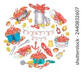 Seafood Crawfish Boil frame, Louisiana clipart, Shrimps, Fish, Beer, Squid Kitchen Menu Illustration, printable poster. Isolated element on a white background. Hand painted in watercolor.