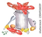 Seafood Crawfish Boil, Louisiana clipart, Shrimps, Fish, Beer, Squid Kitchen  Illustration, printable poster.  Isolated element on a white background. Hand painted in watercolor.