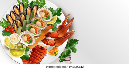 Seafood dish with mussels, lobster, scallops and red caviar.
