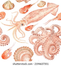 Seafood Octopus, Squid, Sea Scallops, Shrimps, Shellfish Isolated On White Background. Seamless Pattern. Hand Drawn Watercolor Drawing Illustration. For Wrapping, Wallpaper, Fabric Texture.