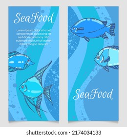 Seafood Restaurant Menu Template, Hand Drawn Illustration. Fish Food In Sea Foam Blue Graphic Mockup.