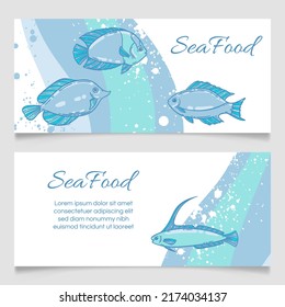 Seafood Restaurant Menu Template, Hand Drawn Illustration. Fish Food In Sea Foam Graphic Mockup In Blue And White.