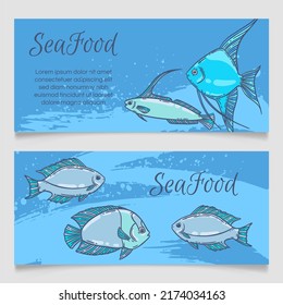 Seafood Restaurant Menu Template, Hand Drawn Illustration. Fish Food In Sea Foam Wave Blue Graphic Mockup.