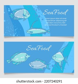 Seafood Restaurant Menu Template, Hand Drawn Illustration. Fish Food In Sea Foam Blue Graphic Mockup.