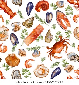 Seafood Watercolor Seamless Pattern With Lobster, Crab, Shrimps, Shellfish, Herbs. For Kitchen Textile, Menu Background, Restaurant Wallpaper