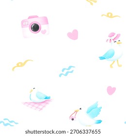 Seagull, Camera Seamless Pattern, Background