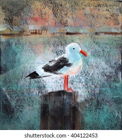 Seagull At The Dock - Acrylic painting of a seagull standing on a wooden dock post.