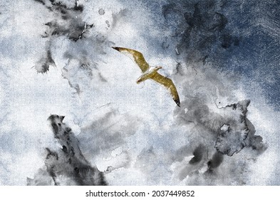 A Seagull Flies Against A Black Thunderstorm Sky. A Lone Bird Rushing To Duck From The Onset Of A Sea Storm. Digital Watercolor Painting.