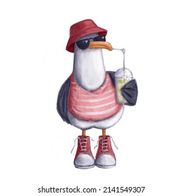 Seagull In Sneakers With Mojito, Watercolor Illustration, Summer Clipart With Cartoon Character Good For Card And Print Design