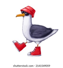 Seagull In Sneakers And Panama, Watercolor Illustration, Summer Clipart With Cartoon Character Good For Card And Print Design