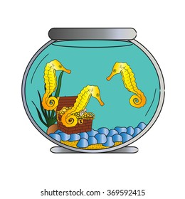 Seahorse In Fish Bowl With Treasure Chest