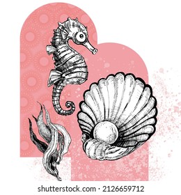 seahorse  sea dweller  for the design children's products   labels  drawn in ink 