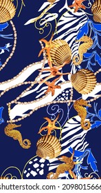 Seahorse Shell Zebra Skin Ocean Effect Tassel Seamless Pattern