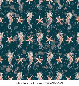 Seahorses And Starfish With Splashes Of Water On A Dark Blue Background. Watercolor Illustration. Seamless Pattern, Ornament. For Fabric, Textiles, Wallpaper, Cover, Beach, Summer, Sea.